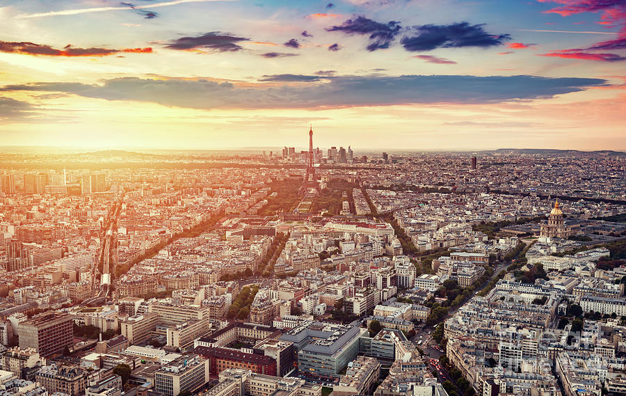 Paris, France At Sunset, Aerial View. Photograph