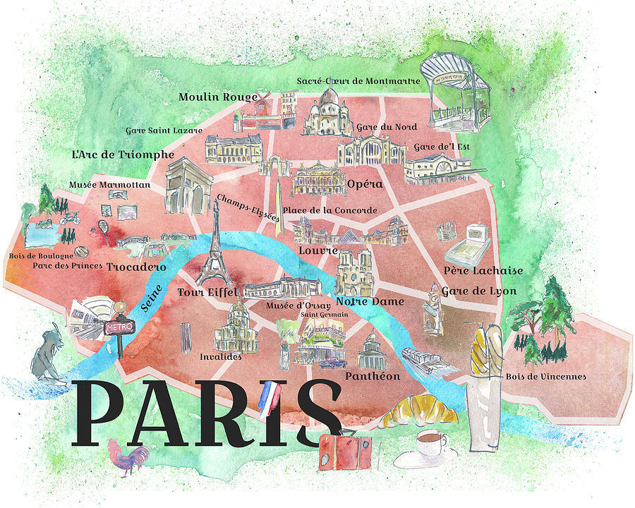 Paris France City Of Love Illustrated Travel Poster Favorite Map Tourist Highlights Painting By M Bleichner
