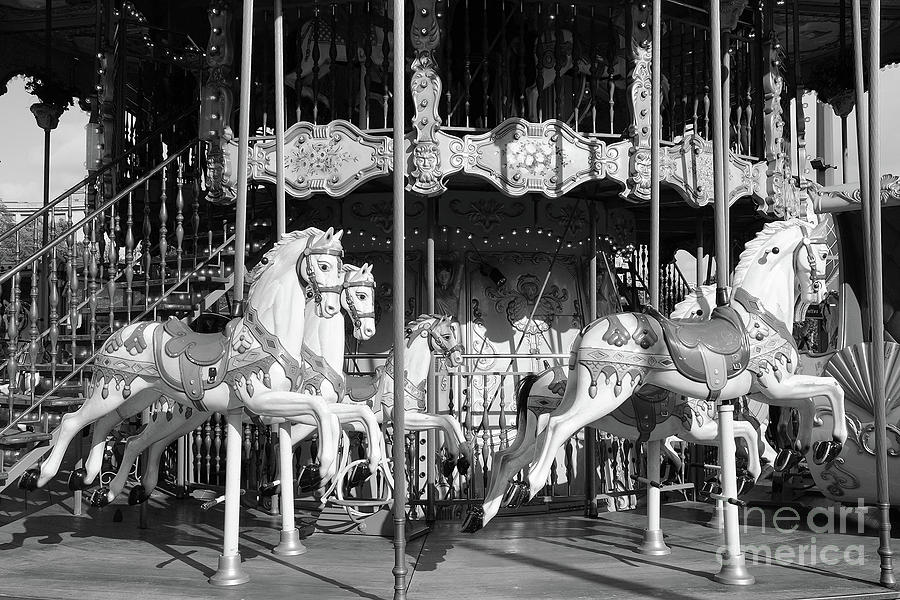 Paris Hotel Deville Carousel Merry Go Round Carousel Horses Black and White Prints Decor Photograph by Kathy Fornal