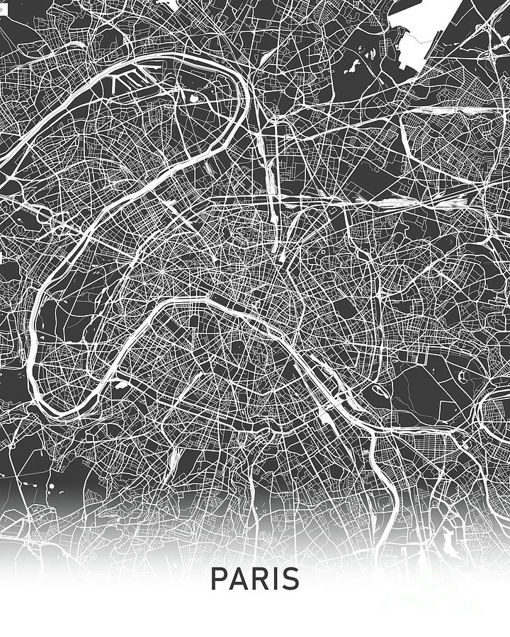 Paris map black and white Photograph by Delphimages Map Creations