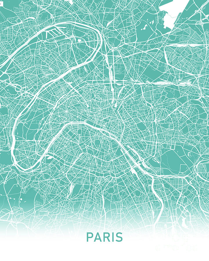 Paris map teal Digital Art by Delphimages Map Creations