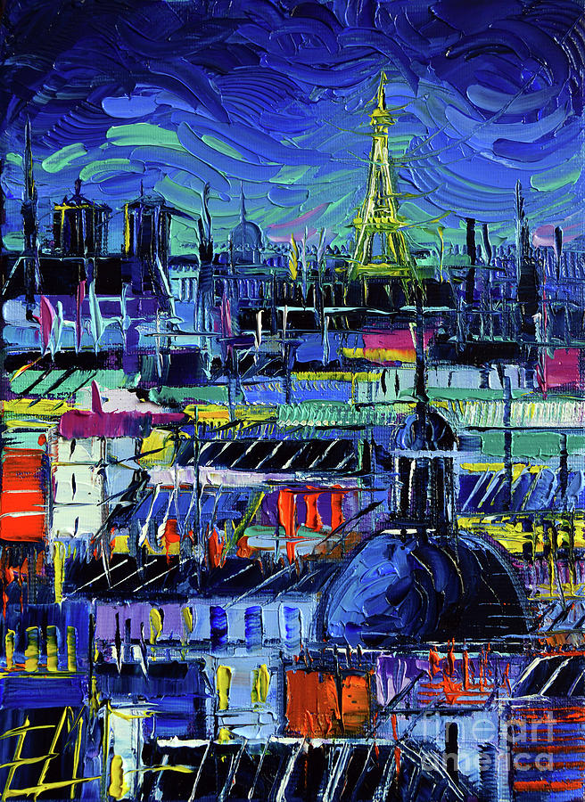 PARIS NIGHTS modern impressionist stylized nightscape knife oil painting Mona Edulesco Painting by Mona Edulesco
