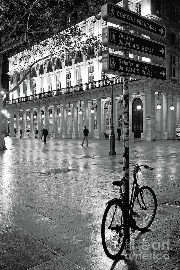 Paris Palais Royal Night Street Scene - Paris Bicycle Black White Decor Photograph by Kathy Fornal