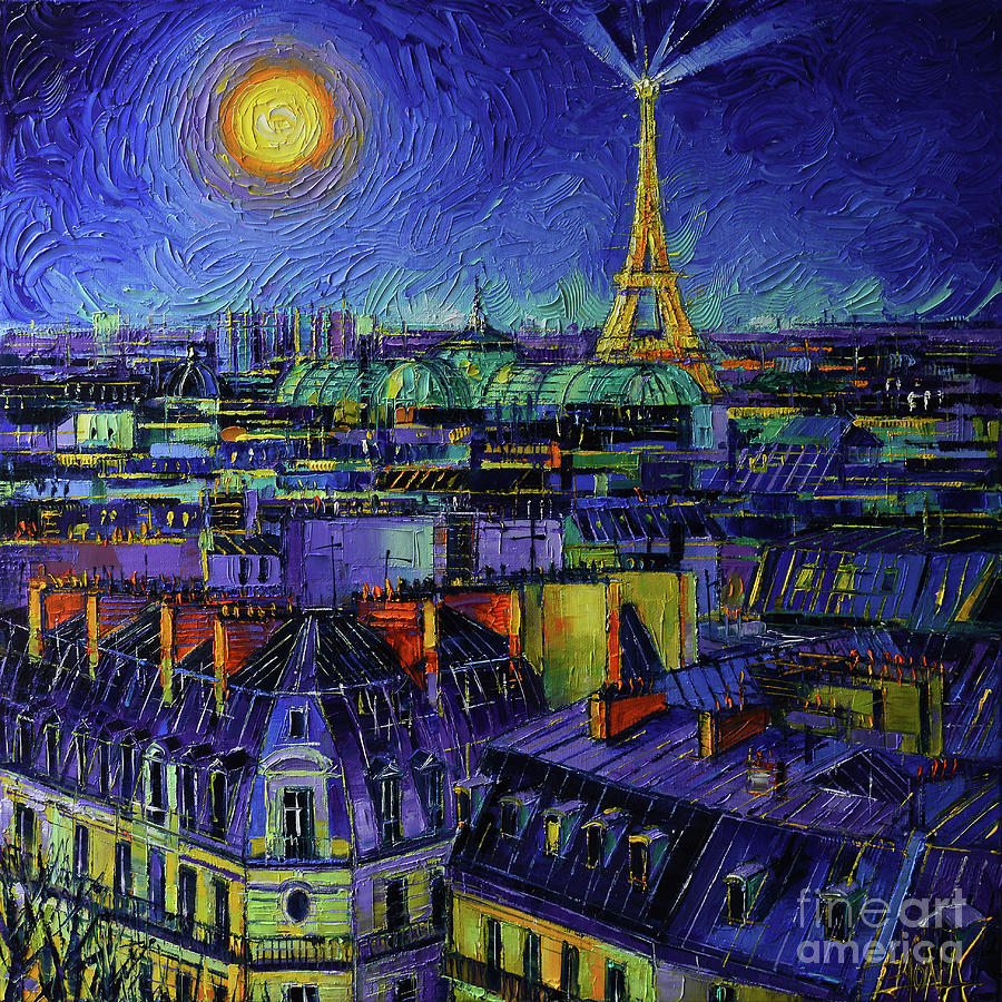 Paris Painting - PARIS ROOFTOPS AT NIGHT - impasto palette knife oil painting Mona Edulesco by Mona Edulesco