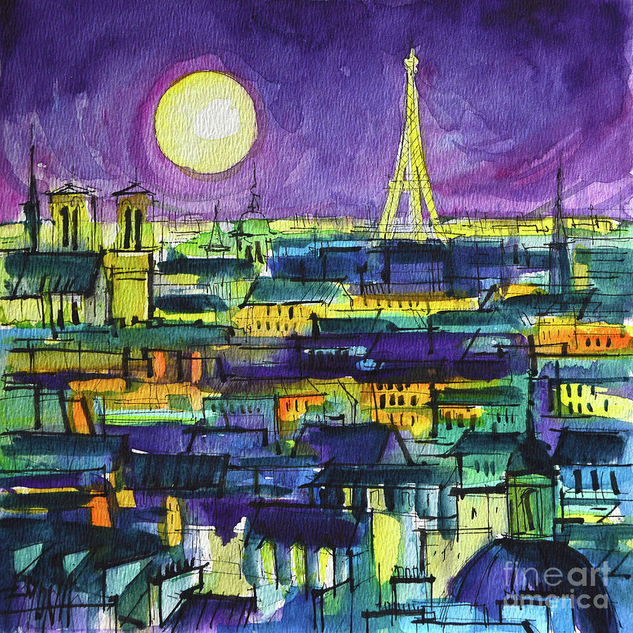 PARIS ROOFTOPS NIGHT VIEW - Watercolor Painting Mona Edulesco Painting by Mona Edulesco