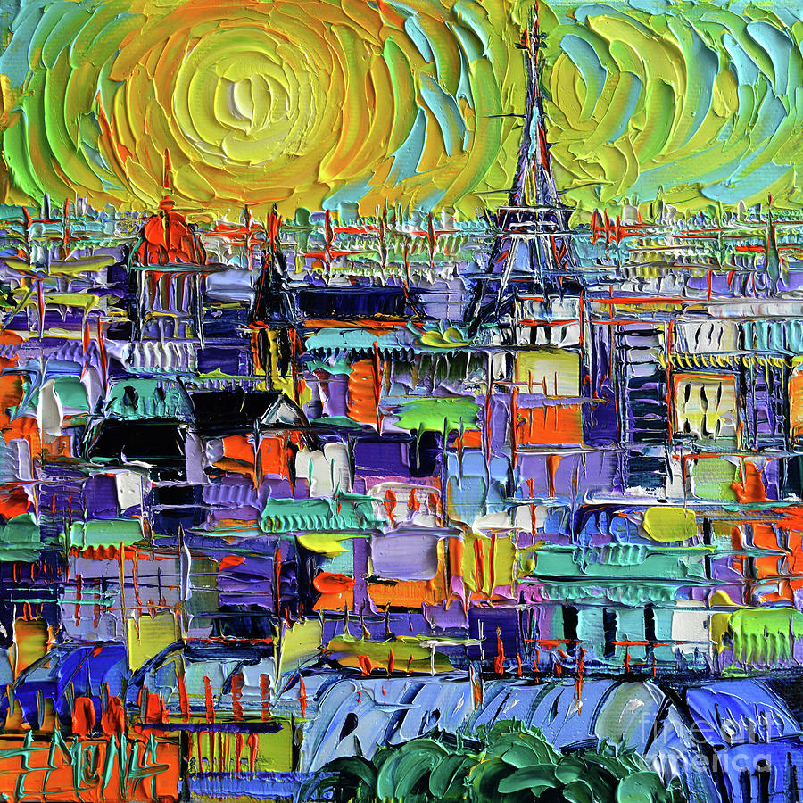 PARIS ROOFTOPS View from Notre Dame Towers - Textural Impressionist Stylized Cityscape Mona Edulesco Painting by Mona Edulesco
