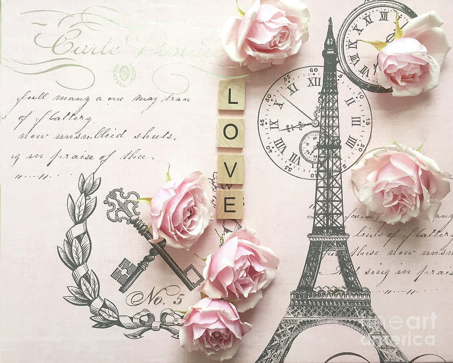Paris Shabby Chic Pink Roses Love Eiffel Tower Pink Roses French 