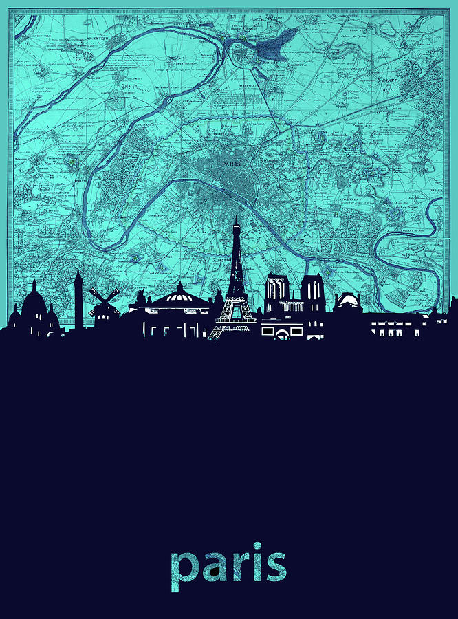 Paris Skyline Map Turquoise Digital Art