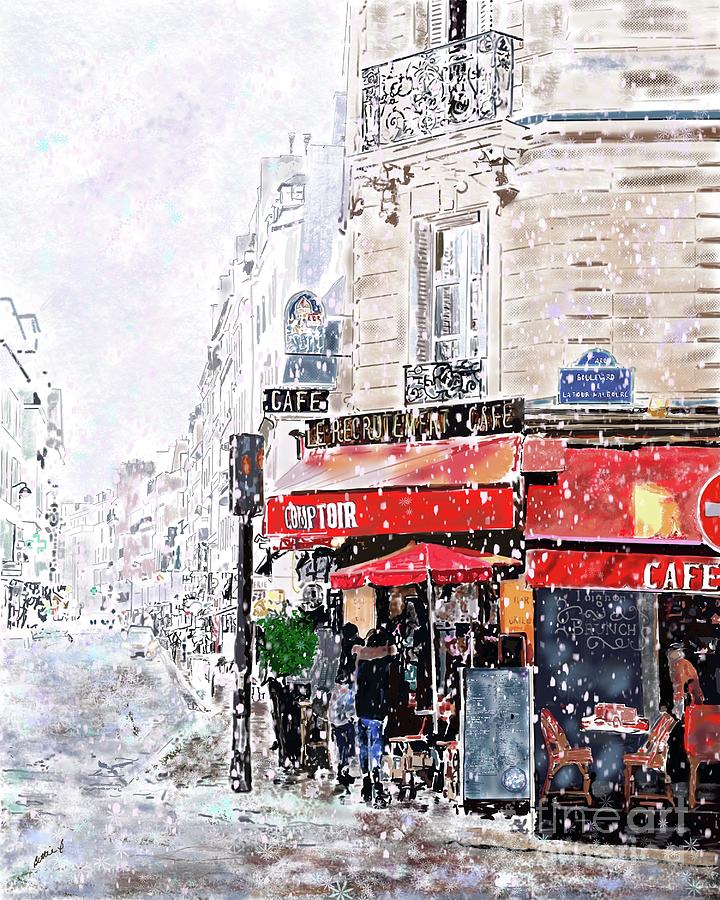 Paris Digital Art - Paris Snowday Cafe by Beth Saffer