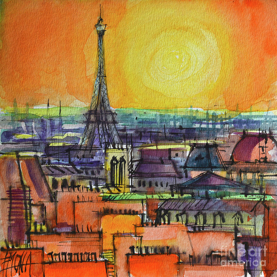 PARIS VIEW FROM CENTRE POMPIDOU - Watercolor Painting Mona Edulesco Painting by Mona Edulesco