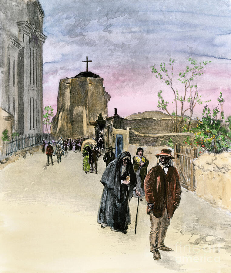 Parishioners Leaving San Miguel Mission Church In Santa Fe Nm, 1890s - Hand-colored Halftone Reproduction Of A 19th-century Illustration Drawing by American School