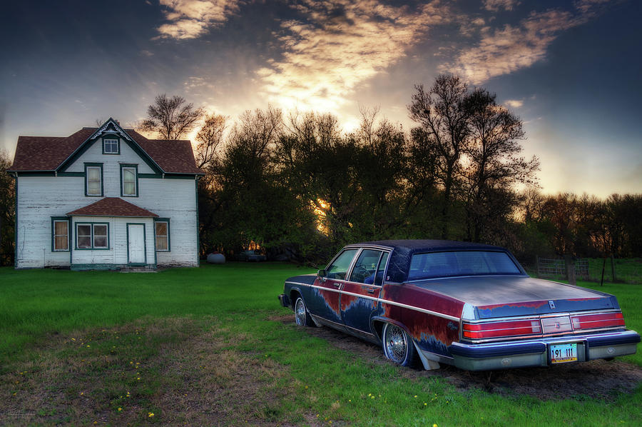Park Avenue Blues - abandoned car and farmstead on the North Dakota prairie Photograph by Peter Herman