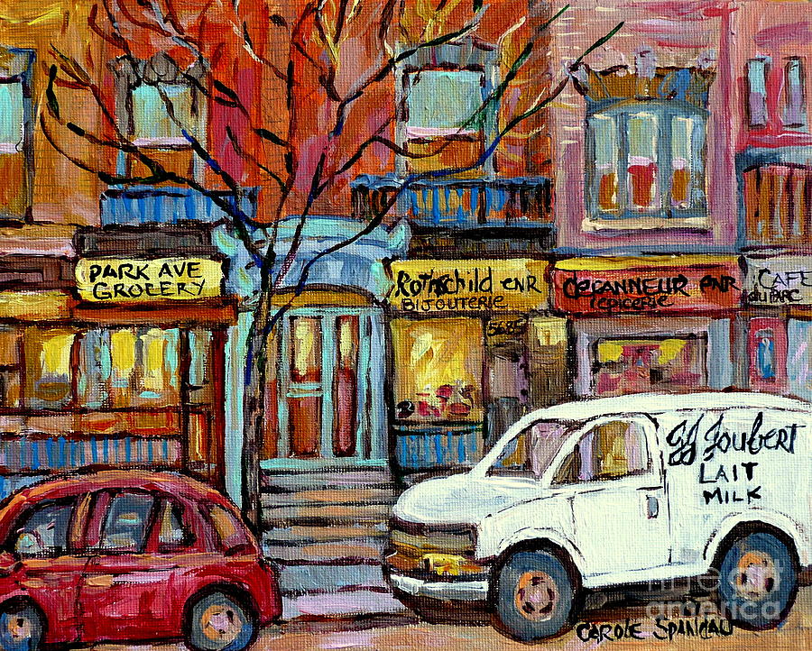 Park Avenue Storefronts Jj Joubert Milk Truck Quebec Art Canadian Artist C Spandau Montreal Scenes   Painting by Carole Spandau