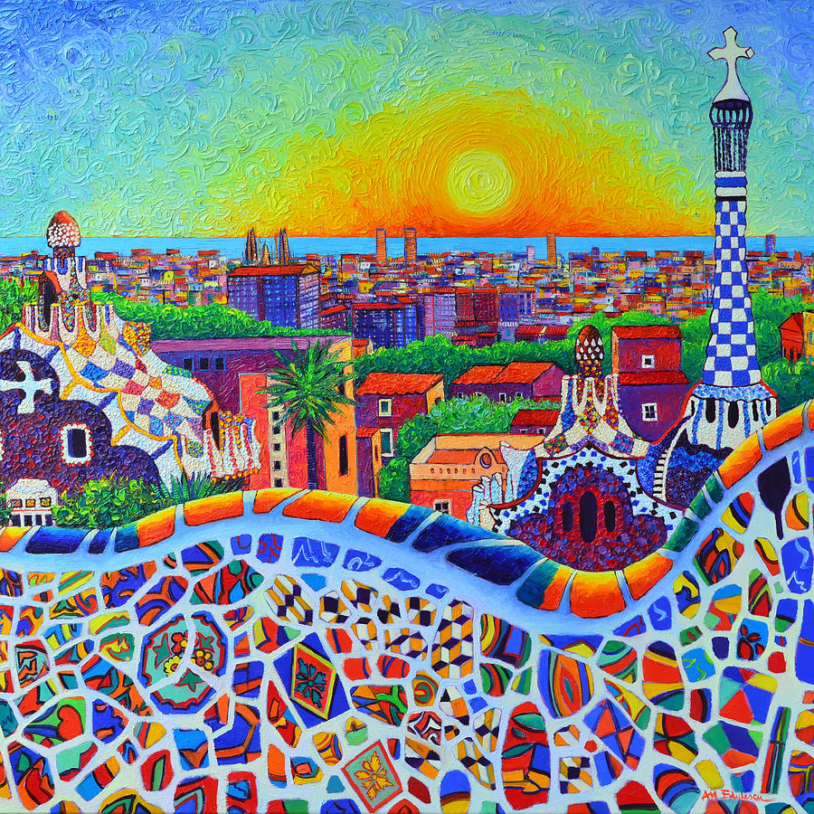 PARK GUELL SUNRISE BARCELONA VIEW modern impressionism impasto knife oil painting Ana Maria Edulescu Painting by Ana Maria Edulescu