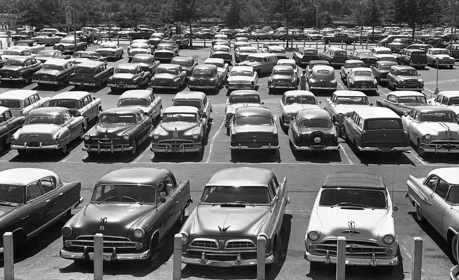 Black And White Photograph - Parking Lot Full Of Cars by George Marks