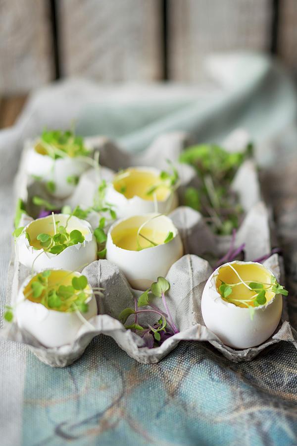 Parmesan Custard And Cress In Egg Shells Photograph by Great Stock!