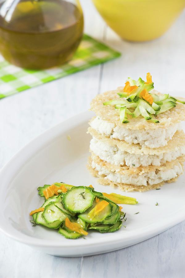 Parmesan Mille Feuille With Fish Mousse And A Courgette Salad Photograph by Alice Del Re