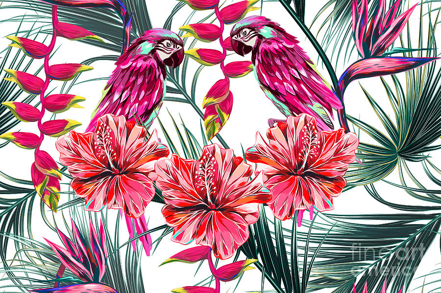 Palm Digital Art - Parrots Tropical Flowers Palm Leaves by Nataliako Palm Digital Art - Parrots Tropical Flowers Palm Leaves by Nataliako