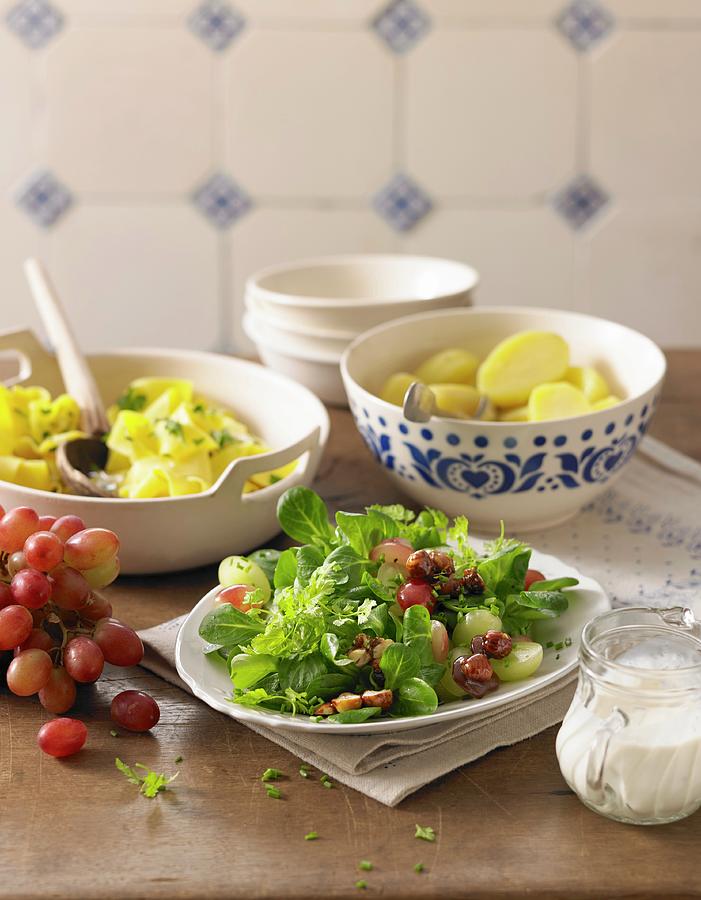 Parsley Pasta, Potatoes And A Mixed Salad With Buttermilk Dressing Photograph by Jan-peter Westermann