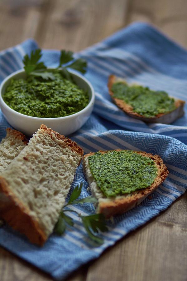 Parsley Pesto And Slices Of Bread Photograph by Helena Krol