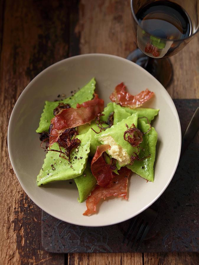 Parsnip Maultaschen swabian Ravioli With Braised Red Onions And Crispy Parma Ham Photograph by Jan-peter Westermann