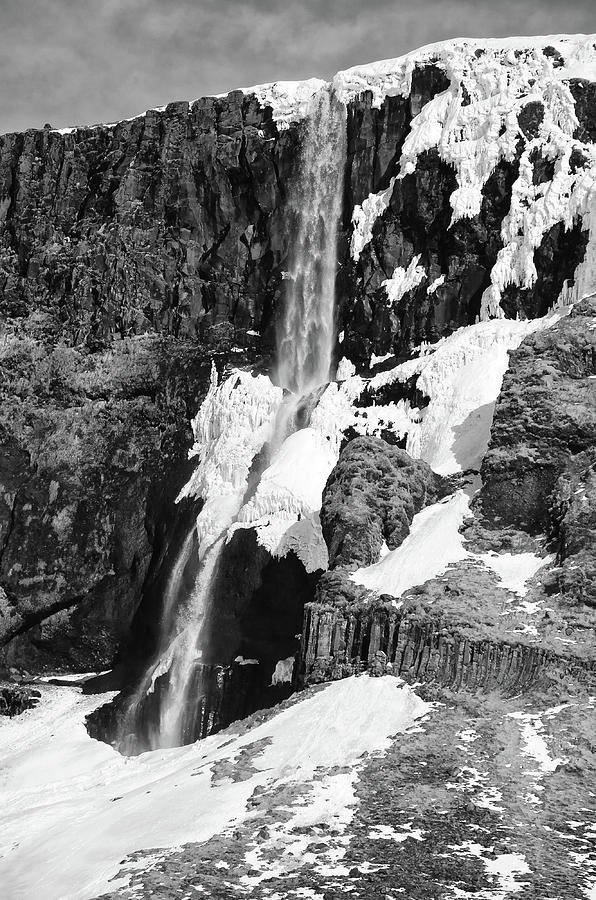 Partially Frozen Waterfall Cascading Over Volcanic Basalt Cliff Black and White Photograph by Shawn OBrien