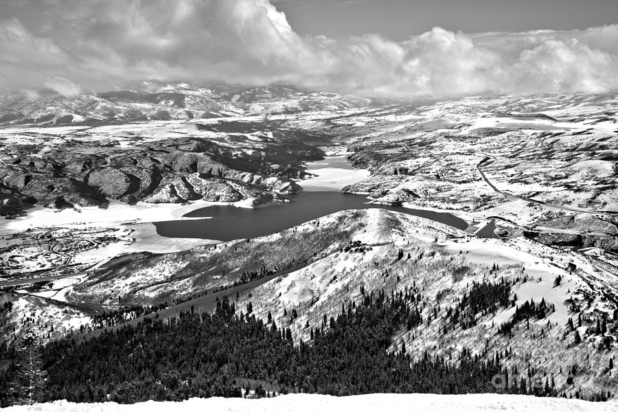 Partly Cloudy Over The Jordanelle Reservoir Black And White Photograph by Adam Jewell