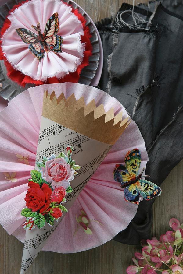 Party Decoration Idea; Paper Cone With Flower Made From Pink Crepe Paper And Paper Butterfly Photograph by Regina Hippel