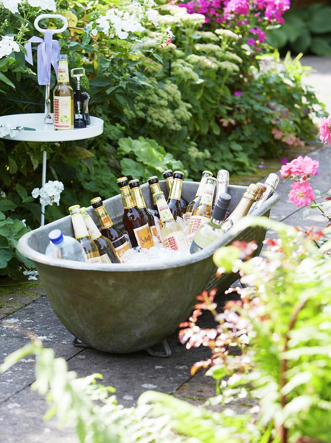 Party Drinks In An Old Zinc Bath Tub Filled With Ice In A Garden Photograph by Jalag / Olaf Szczepaniak