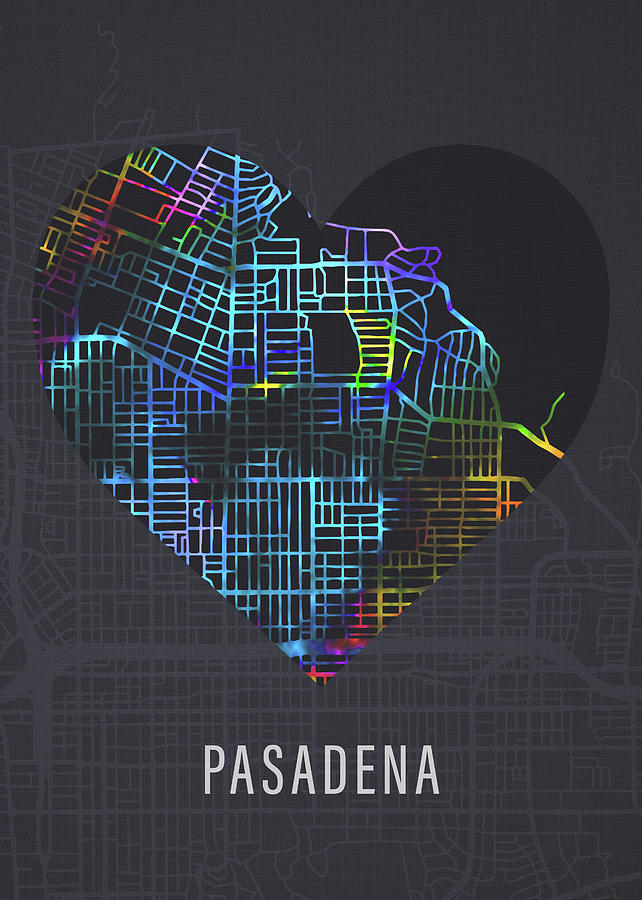 Pasadena Mixed Media - Pasadena California Florida City Heart Street Map Love Dark Mode by Design Turnpike