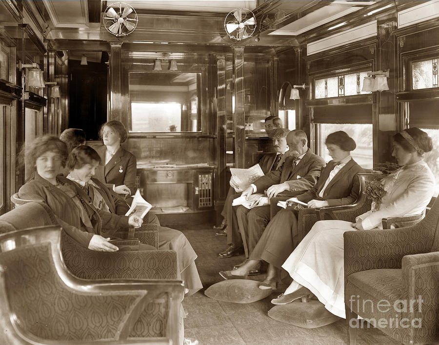 Train Photograph - Passengers in the Lounge car on thr Santa Fe  de Luxe Train 1912 by Monterey County Historical Society