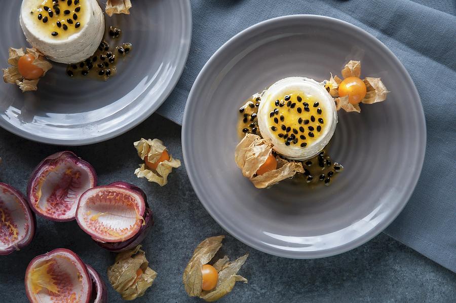 Passion Fruit Panna Cotta Garnished With Physalis seen From Above Photograph by Healthylauracom