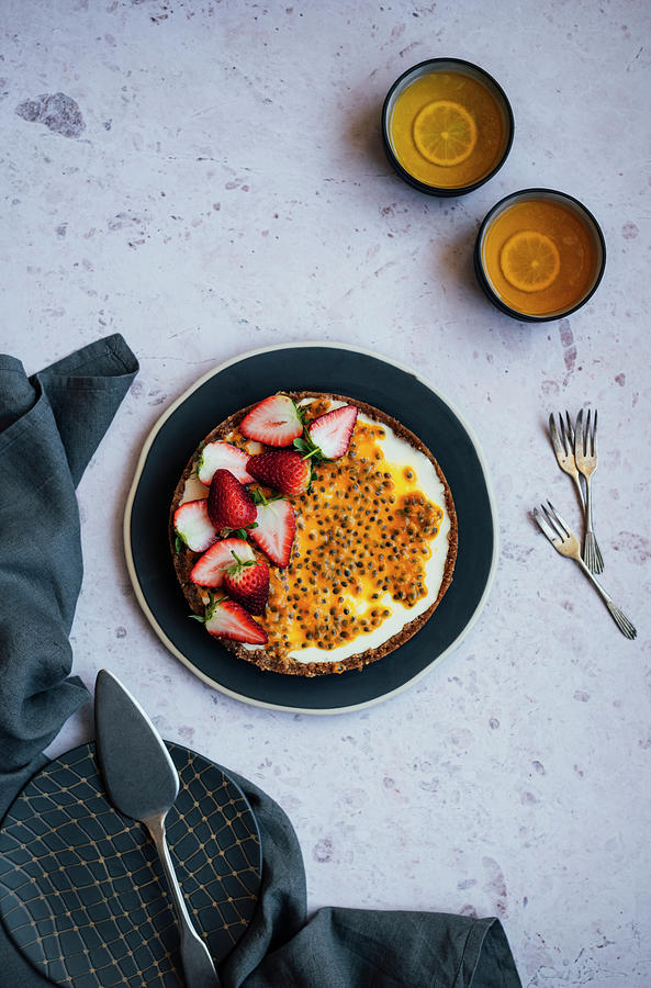 Passion Fruit Yoghurt Tart With Strawberries Photograph by Hein Van Tonder