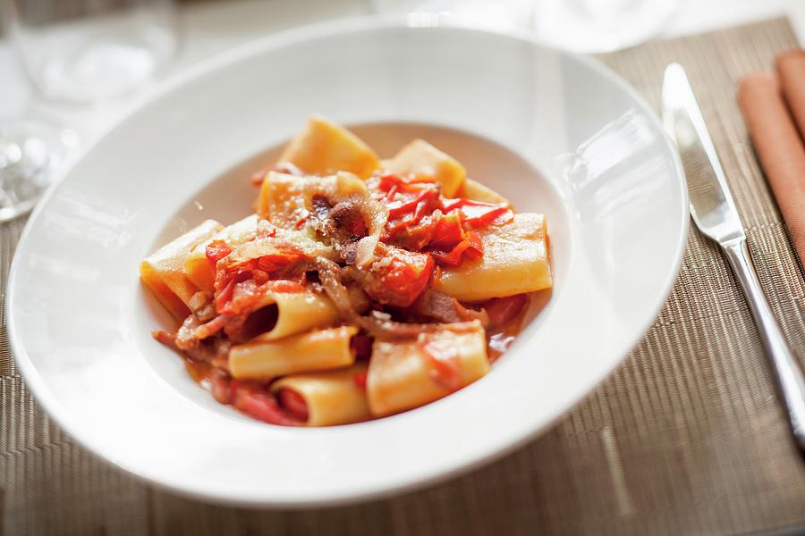 Pasta Amatriciana With Tomato Sauce And Bacon Photograph by Imagerie