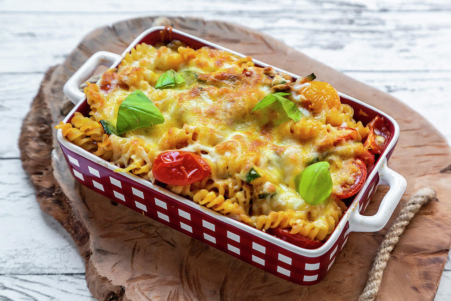 Pasta Bake With Cheese, Tomatoes And Basil Photograph by Sandra Rsch