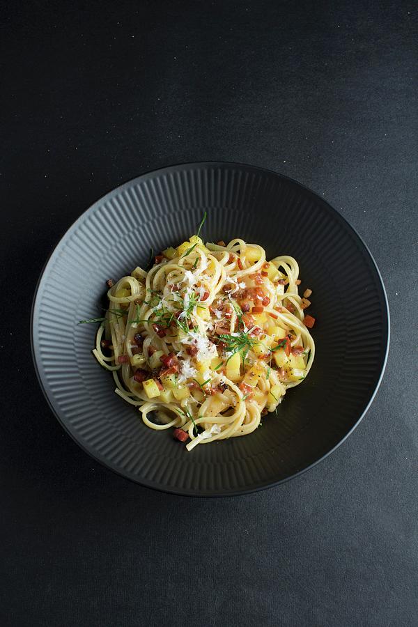 Pasta E Patate, Linguine With Potatoes, Bacon And Dried Tomatoes Photograph by Jalag / Joerg Lehmann