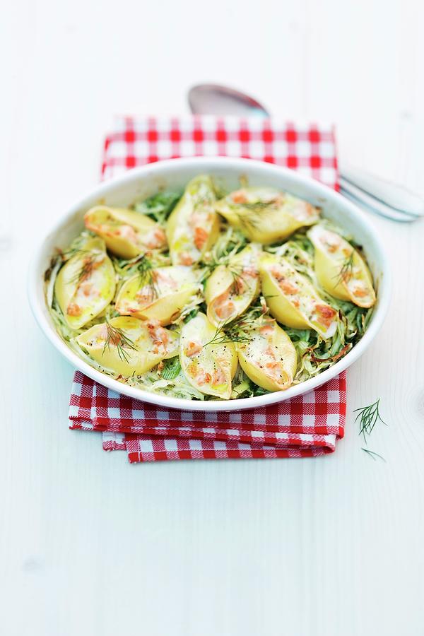 Pasta Gratin With Pointed Cabbage And Salmon Photograph by Michael Wissing