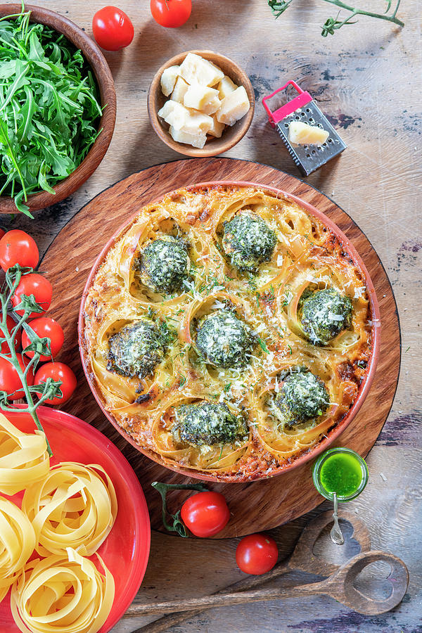 Pasta Nests With Meatballs, Pesto And Tomato Cream Sauce Photograph by Irina Meliukh
