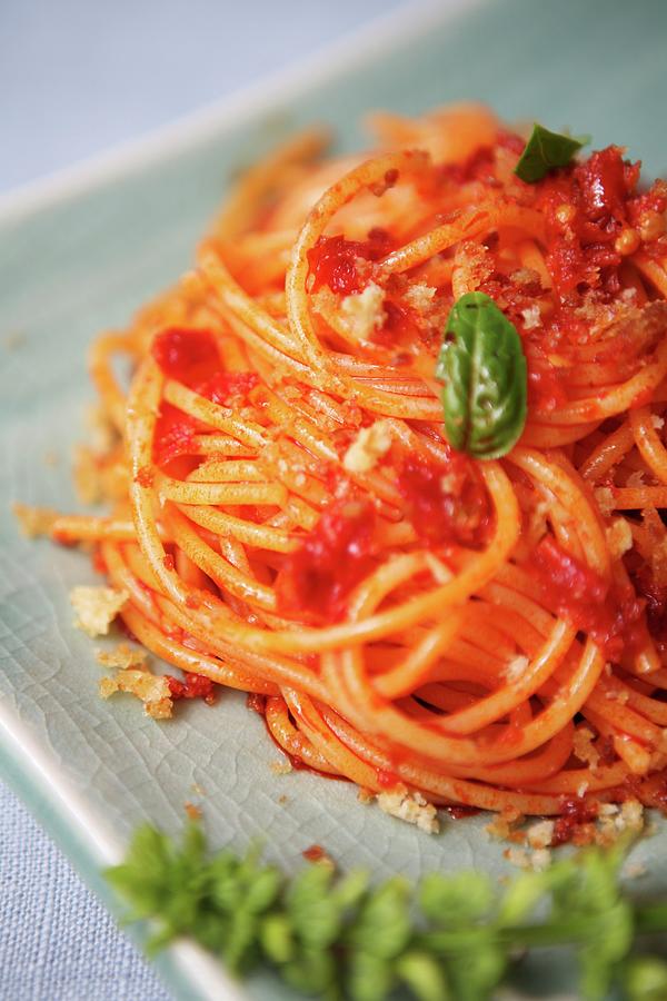 Pasta Povera spaghetti With Tomato Sauce And Breadcrumbs, Italy Photograph by Viola Cajo