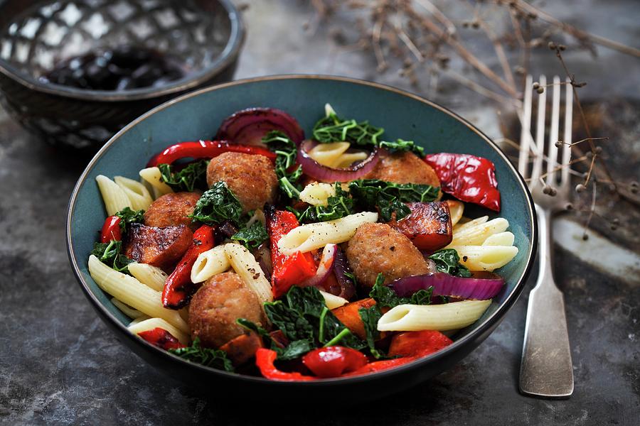 Pasta Salad With Meat Balls, Grilled Peppers And Savoy Cabbage Photograph by Boguslaw Bialy