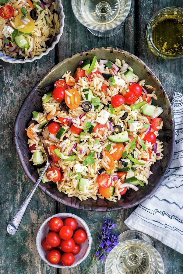 Pasta Salad With Orzo, Tomatoes, Cucumbers And Olives greece Photograph by Lucy Parissi