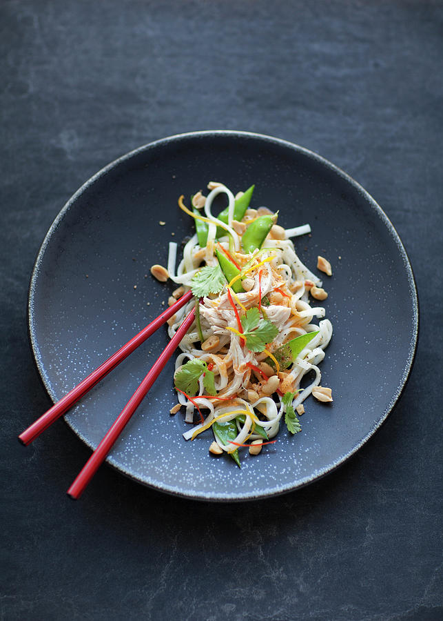 Pasta Salad With Wide Rice Noodles, Mange Tout And Peanuts asia Photograph by Jalag / Joerg Lehmann