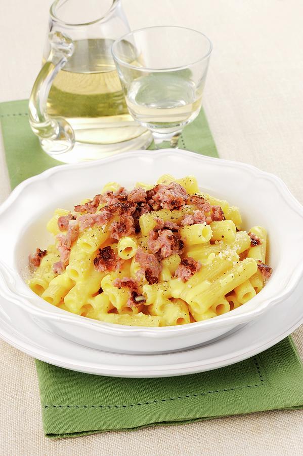 Pasta With A Cream And Ham Crumbs Photograph by Franco Pizzochero