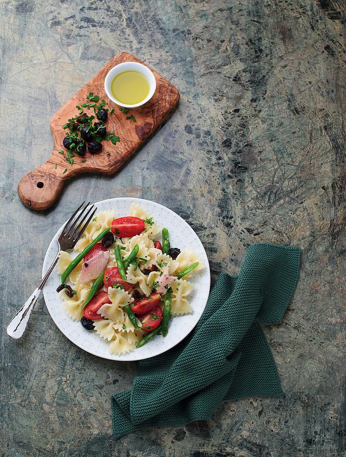 Pasta With Green Beans And Trout Fillet Photograph by Ewgenija Schall