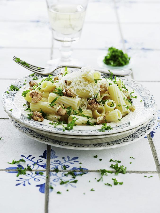 Pasta With Mascarpone, Gorgonzola, Herbs And Walnuts Photograph by Mikkel Adsbl