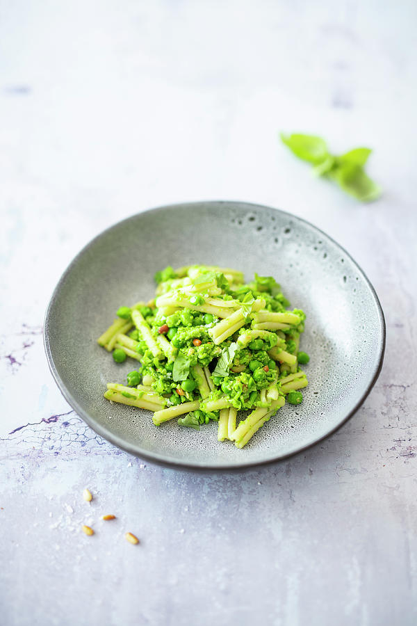 Pasta With Pea Puree, Basil And Pine Nuts vegan Photograph by Jan Wischnewski