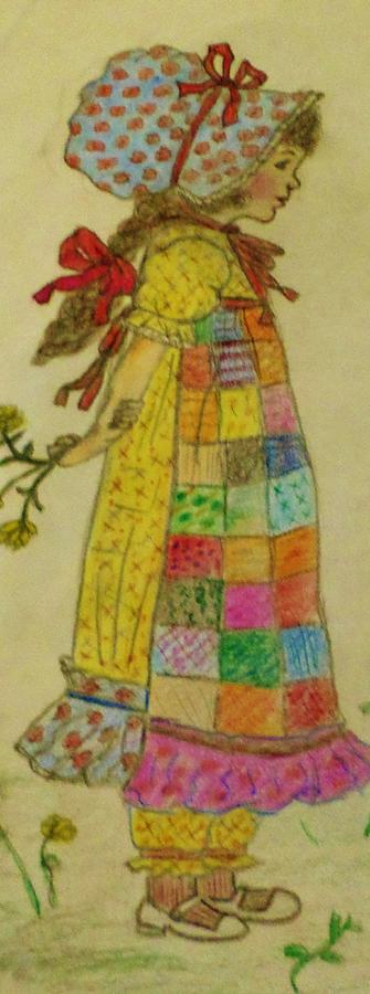 Patchwork Girl With Flowers Drawing