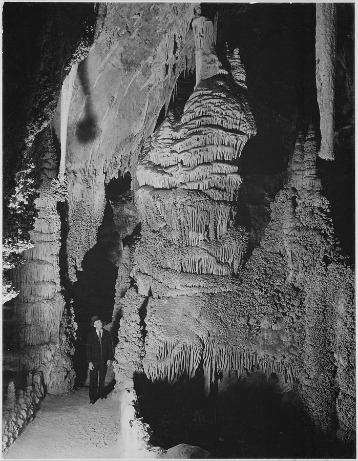 Path and rock formations man on path Large Formation at the Hall of Giants in Carlsbad Cavern Carlsbad Caverns National Park New Mexico. (vertical orientation) 1933 - 1942 Painting by Ansel Adams