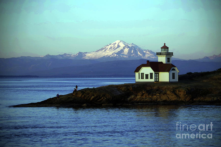 Lighthouse Photograph - Patos island lighthouse and Mount Baker by Jeff Swan