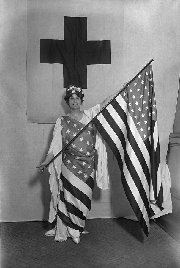 Patriotic Woman Wrapped In US Flag - WW1 Photograph by War Is Hell Store